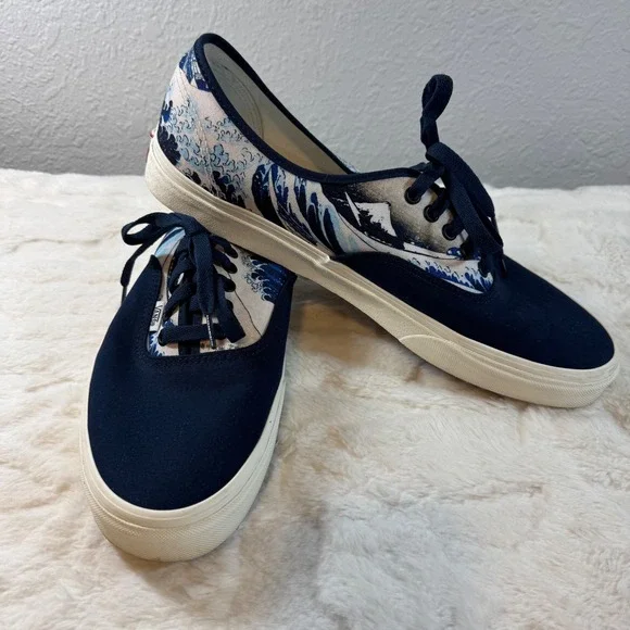 Vans Authentic Customs Great Wave Navy Blue Canvas Skate Shoes Mens 13 - Picture 2 of 10